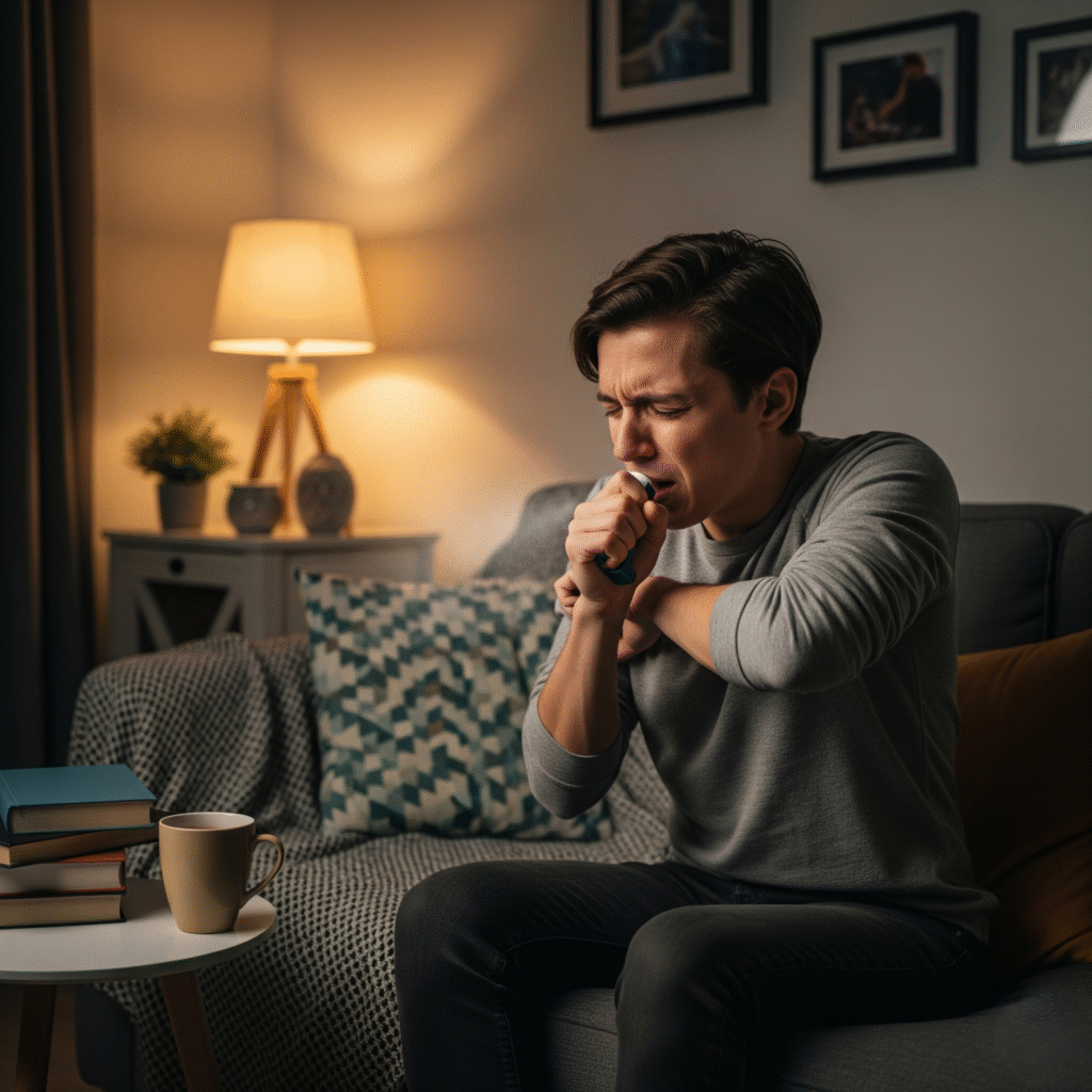 person coughing or using an inhaler in a home setting