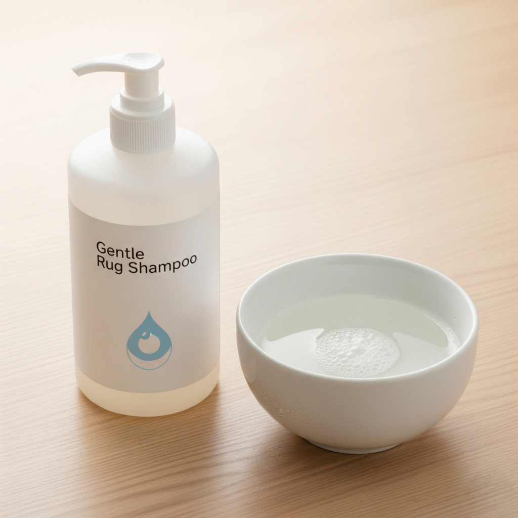 Bottle of gentle rug shampoo and a bowl of mixed cleaning solution