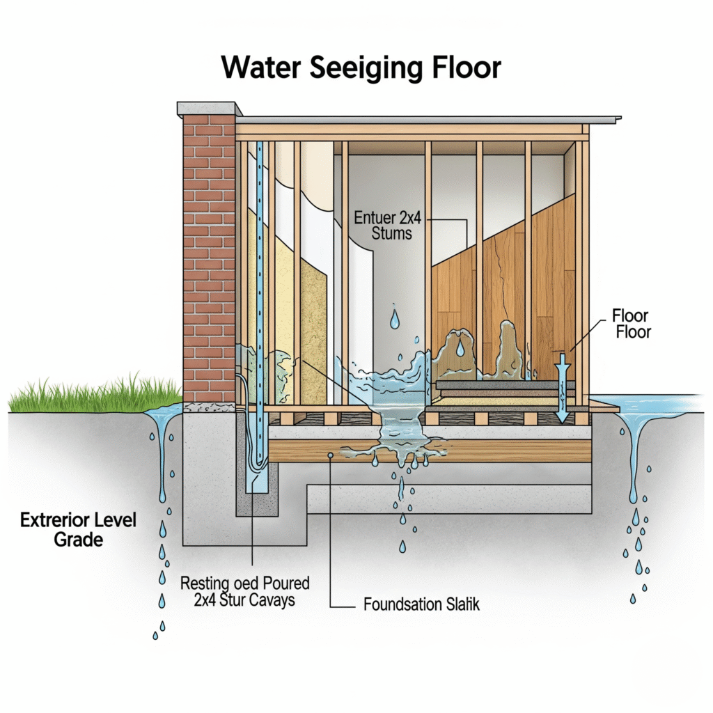 diagram of water seeping into walls and floors.