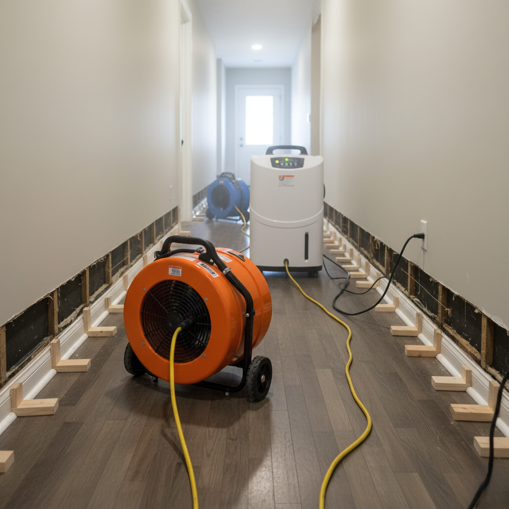 Drying equipment running throughout a hallway with lifted baseboards to speed up drying.