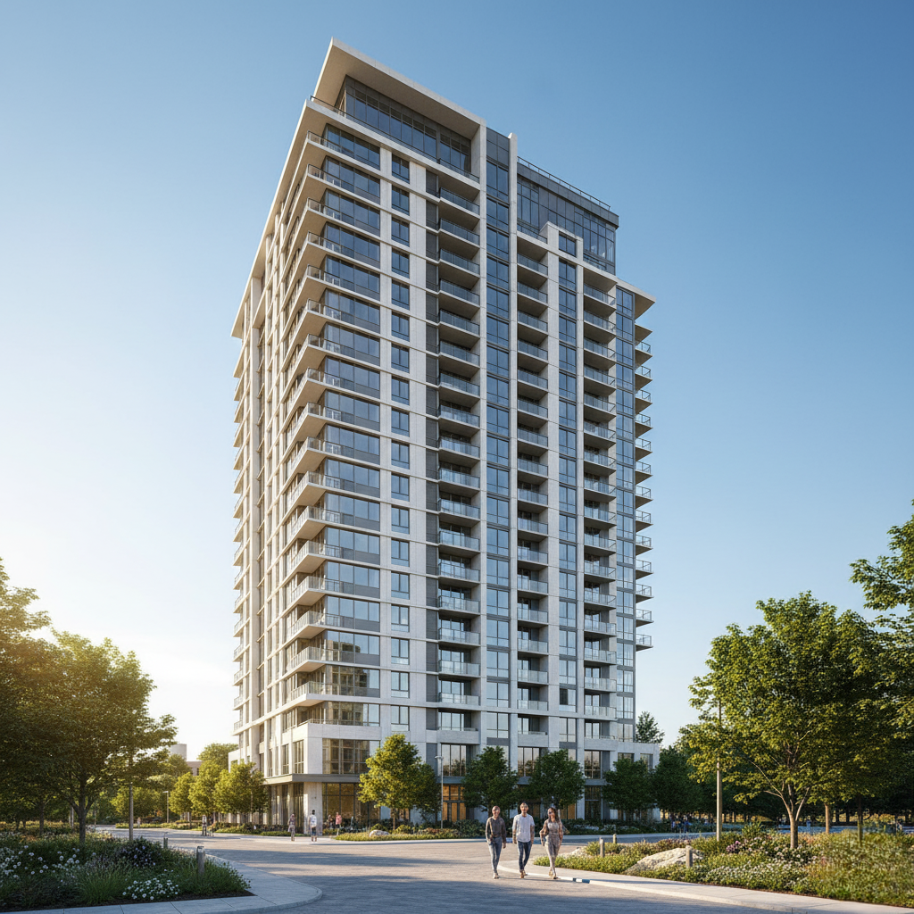 Restored modern apartment building exterior under clear skies after water extraction