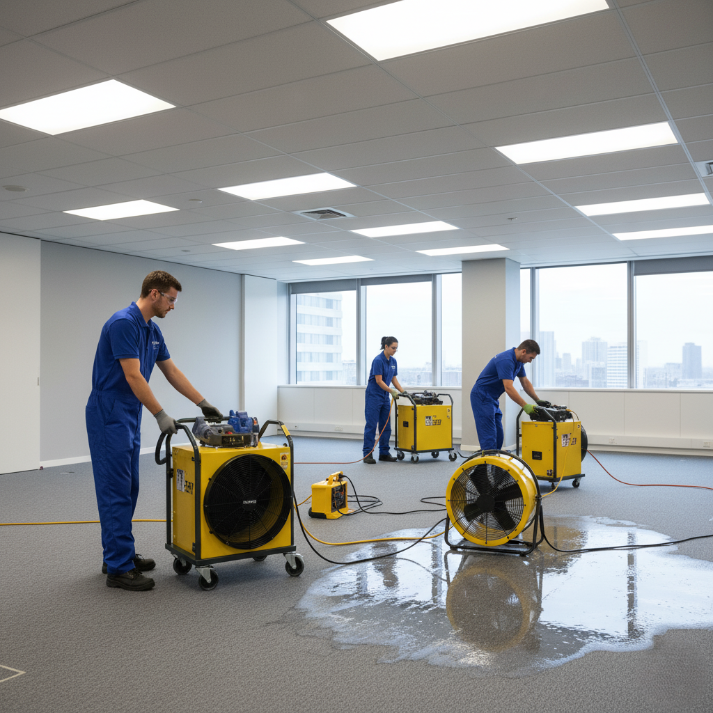 Team placing industrial dehumidifiers and air movers in a large room.