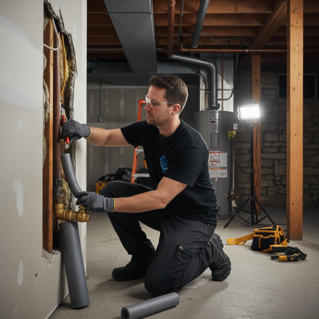 Technician insulating exposed basement pipes to reduce the risk of future bursts.