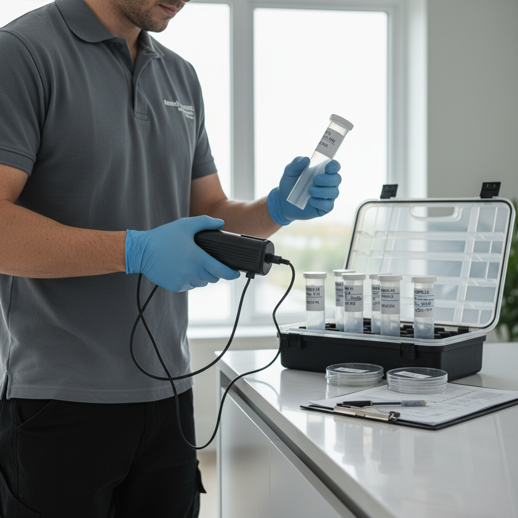 labeled mold testing samples or a technician collecting air samples.
