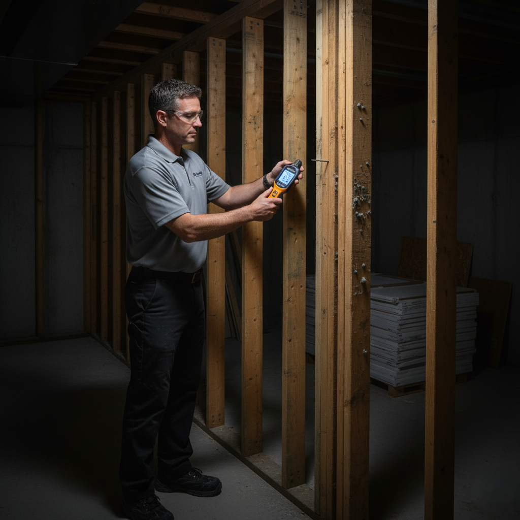 mold specialist checking basement wall framing with moisture meter