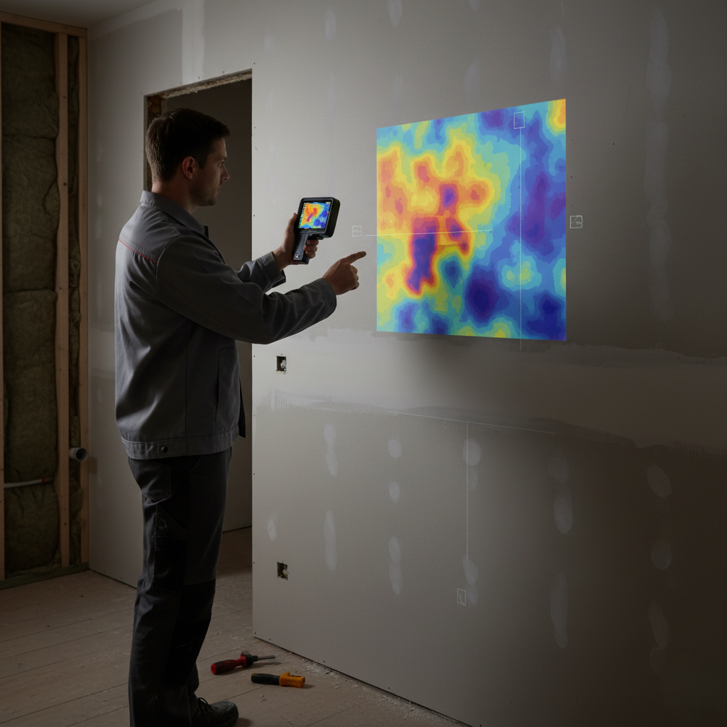 technician using a thermal camera showing cold, damp spots behind drywall.