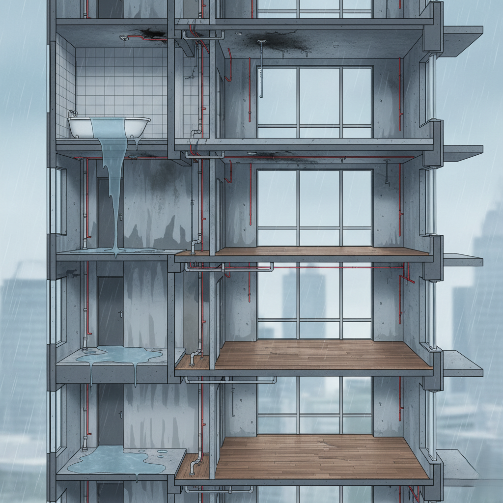 water damage spreading between high rise floors.