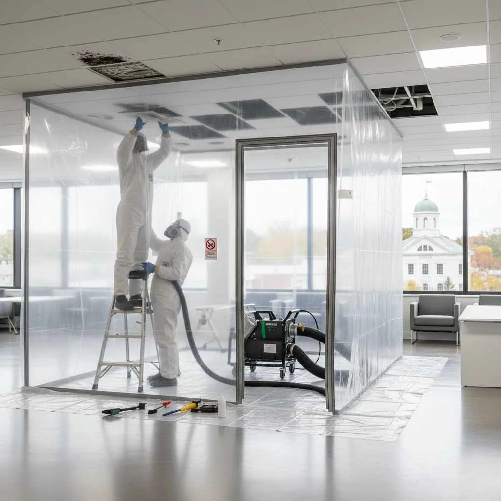 professional mold remediation team working in an office environment