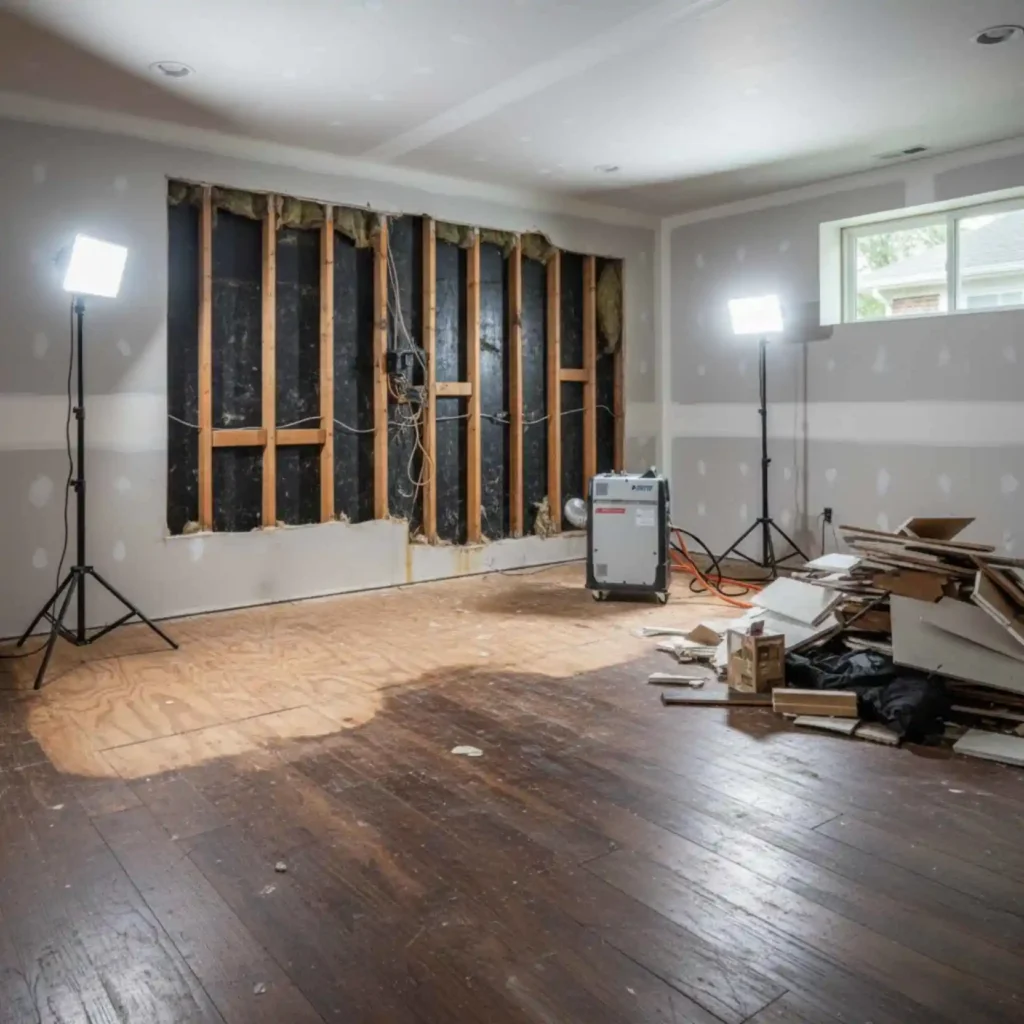 wall cavity or flooring removed for drying