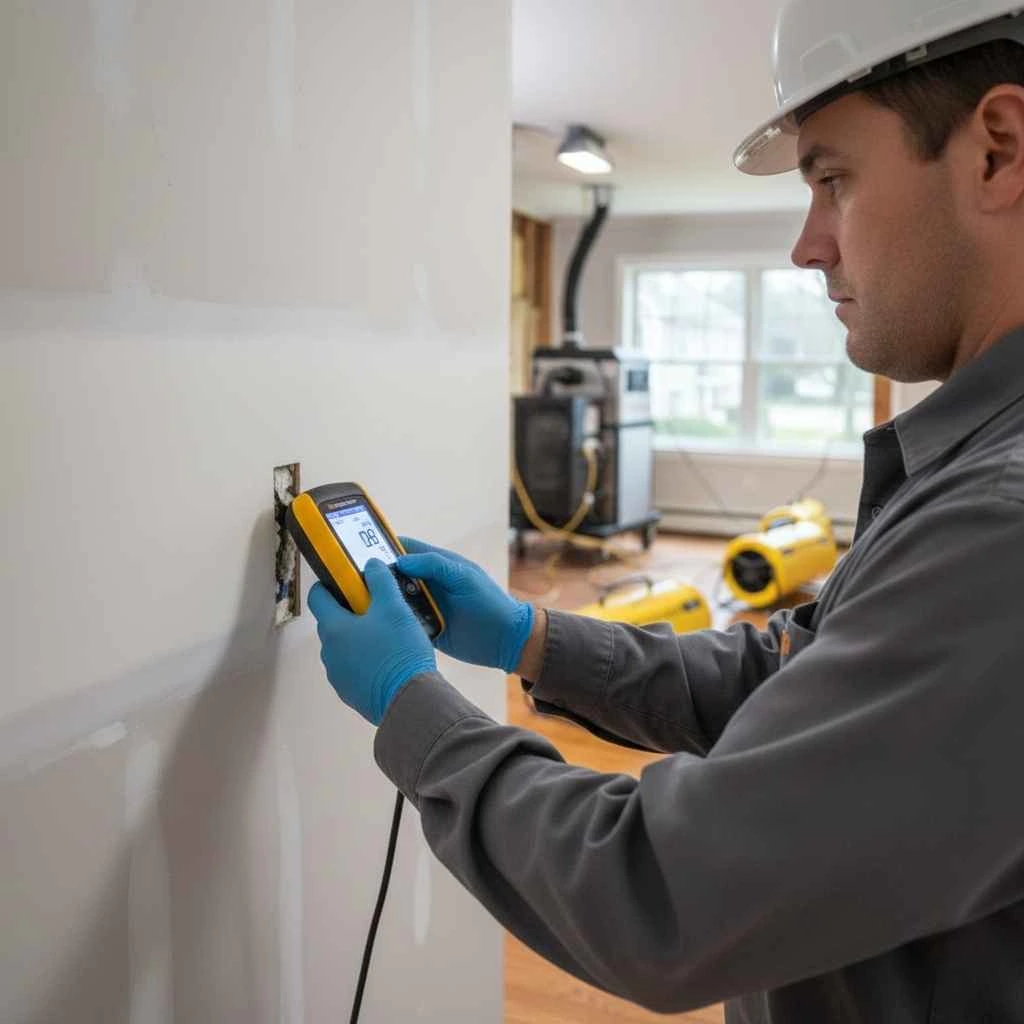 Technician using moisture meter on drywall