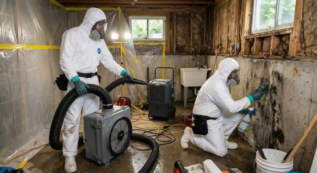 mold inspection technician checking walls with a moisture meter.