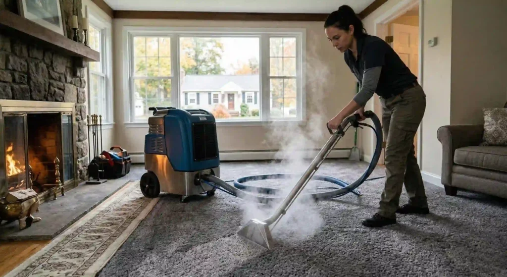 professional hot water extraction machine cleaning carpet in Easton home.