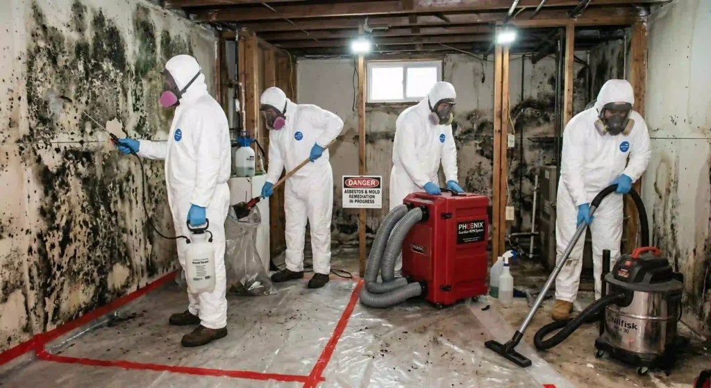 professional mold removal team in protective gear