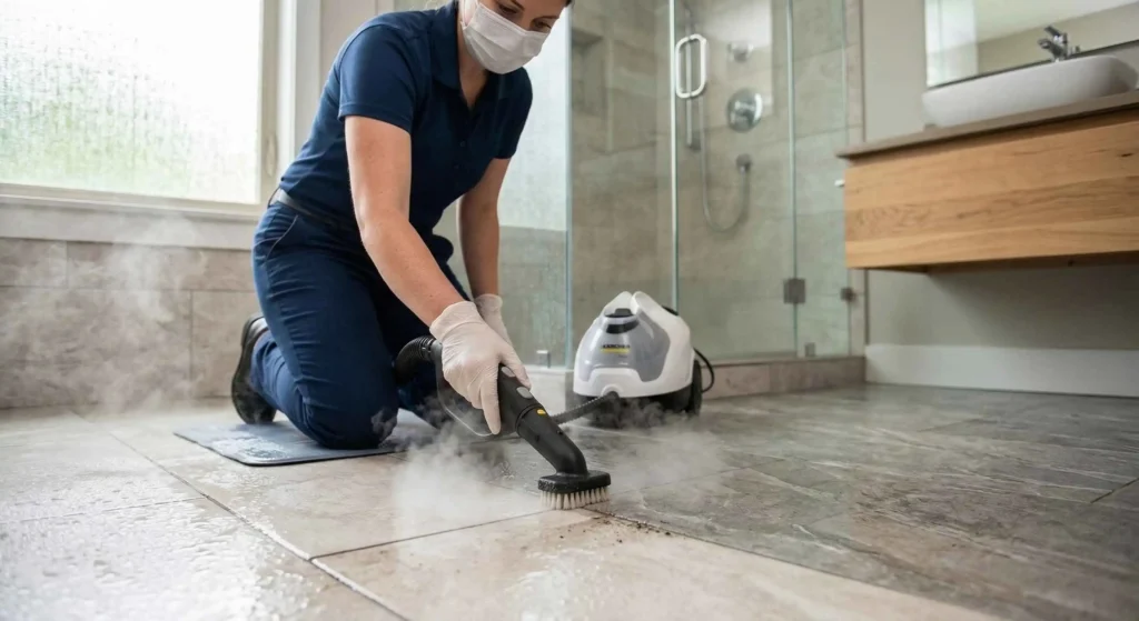 professional technician cleaning bathroom tile with a steam cleaning tool.