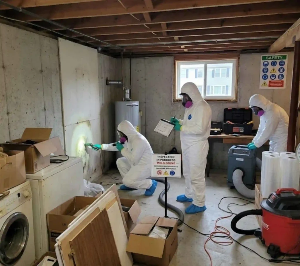 Mold mitigation team inspecting basement in Brockton home