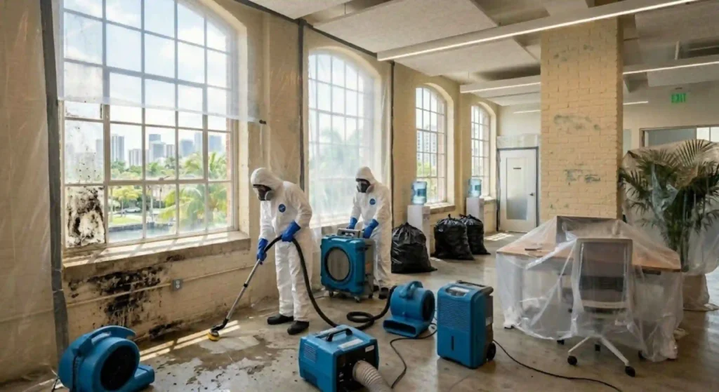 Mold removal team working in Brockton commercial building