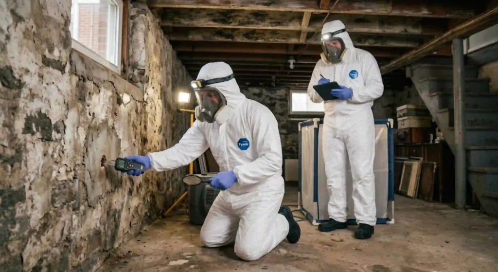 Certified mold remediation technicians inspecting a Taunton basement