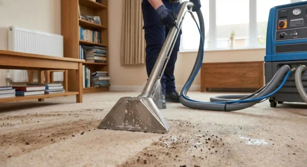 Commercial carpet cleaning equipment restoring carpet fibers in Taunton