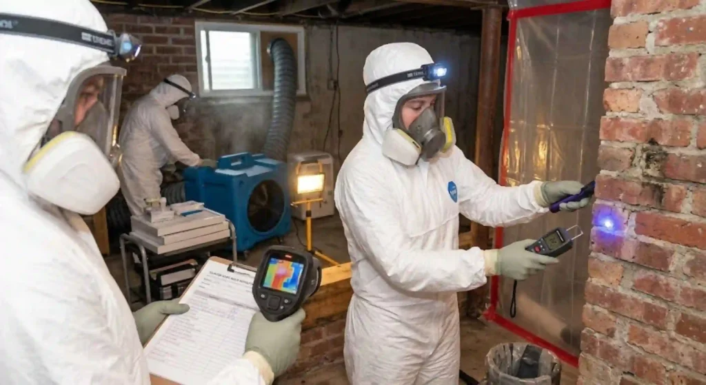 Professional basement mold cleanup team inspecting a Taunton home