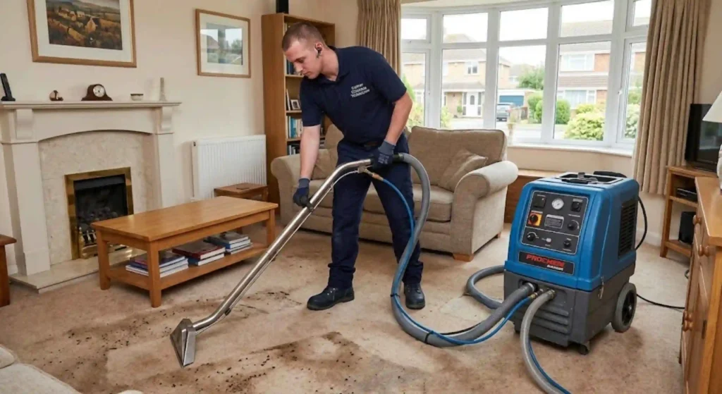 Professional carpet cleaning technician using industrial equipment in a Taunton home