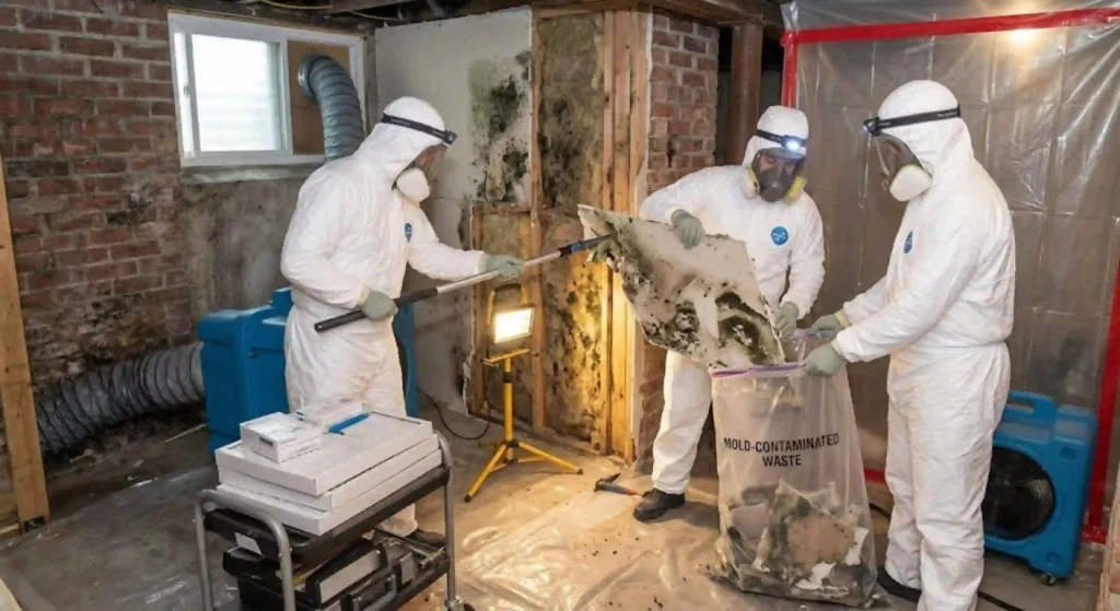 Professional removal of mold damaged drywall in a Taunton basement