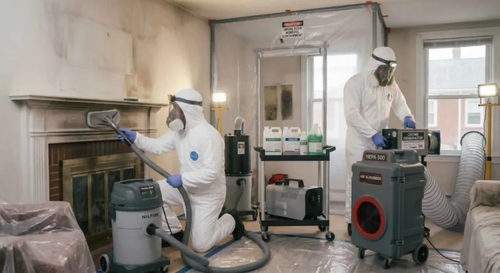 Professional smoke odor removal technicians working inside a Taunton home