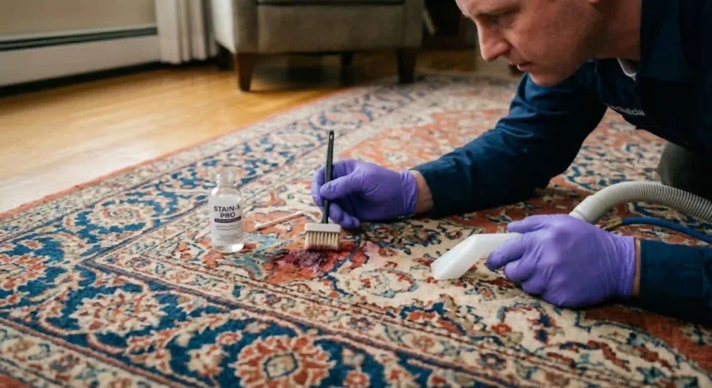 Professional stain removal from a decorative area rug in Brockton