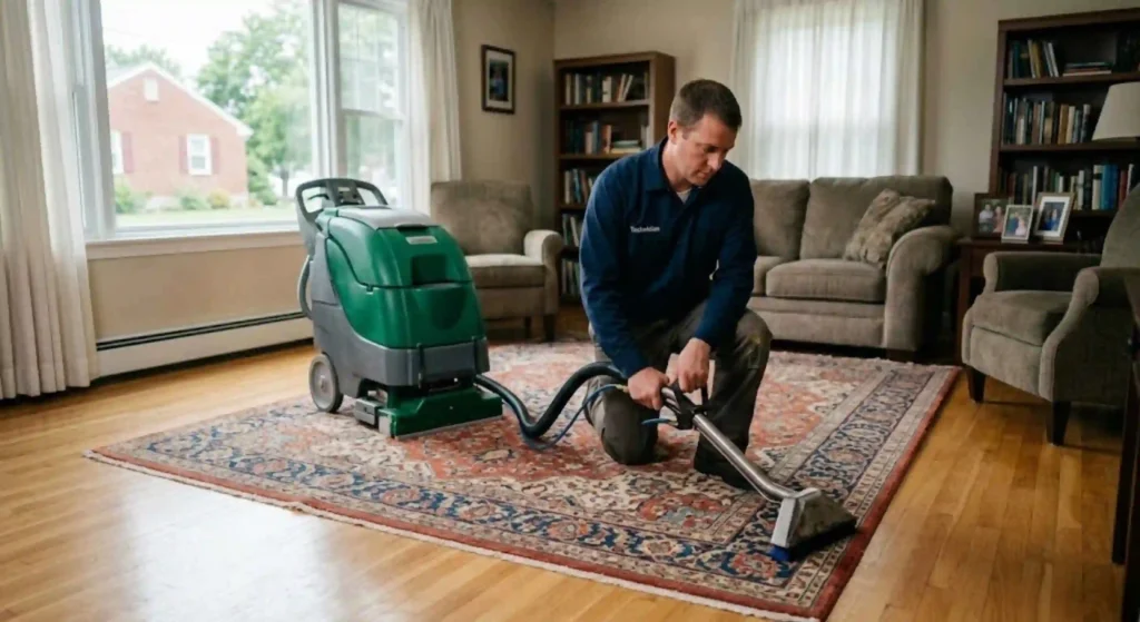 Professional technician cleaning an area rug inside a Brockton home