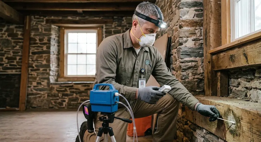 Technician performing professional home mold inspection and testing in Easton