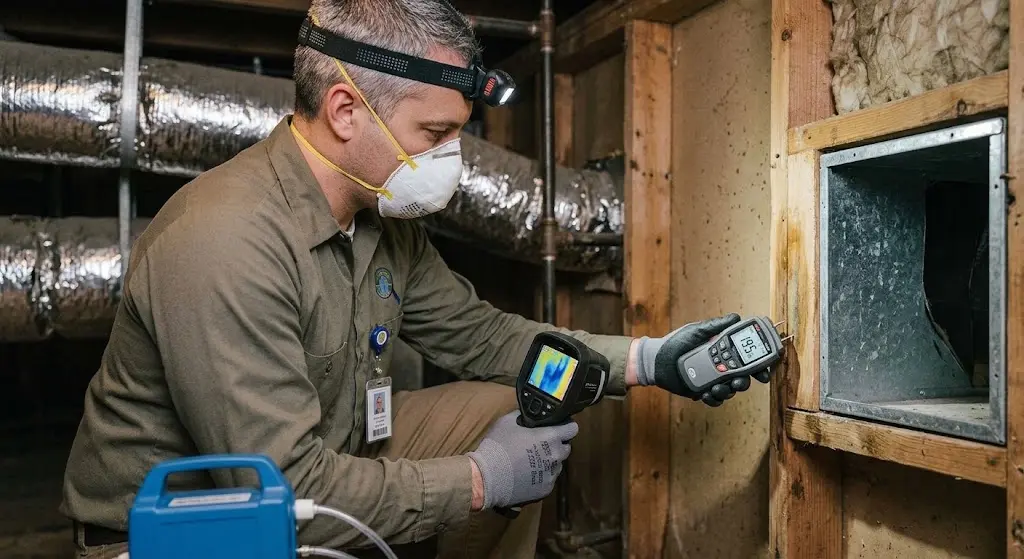 inspector examining a wall or HVAC area for possible hidden moisture or mold.