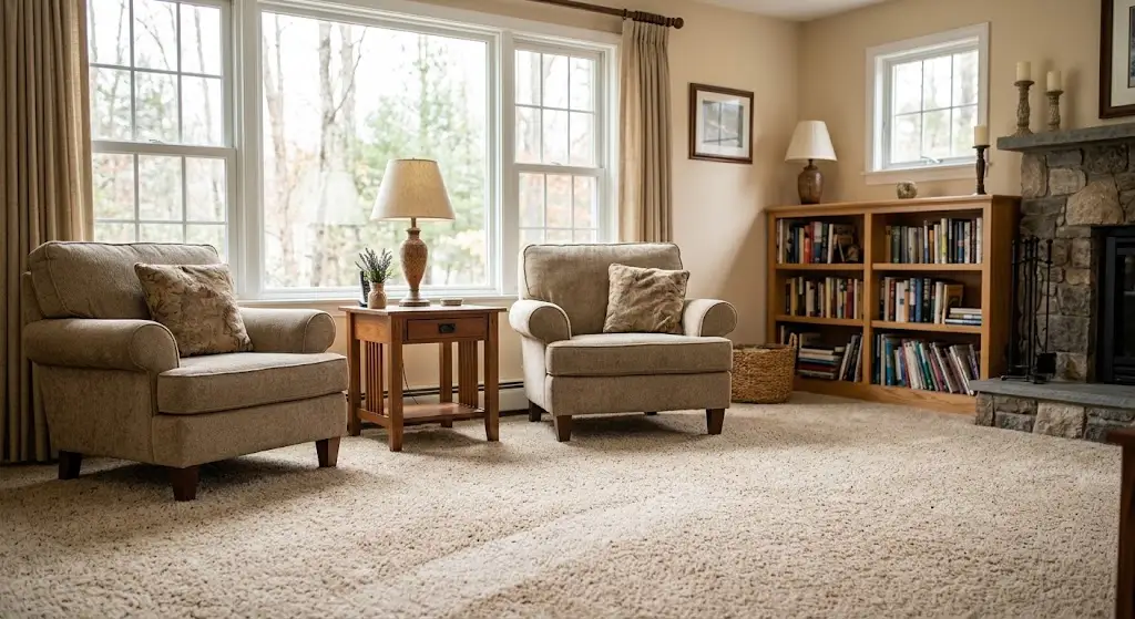 Freshly cleaned wool carpet in a bright Easton Massachusetts living room