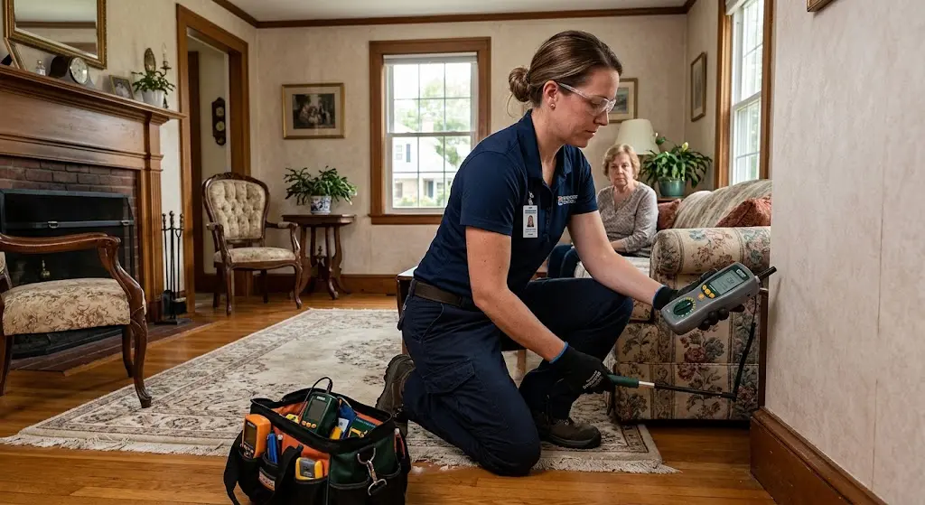 Professional restoration technician assessing persistent odors inside an Easton Massachusetts home