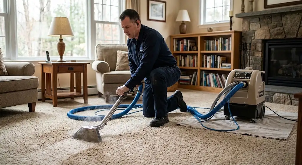 Professional technician performing wool carpet cleaning in an Easton MA home
